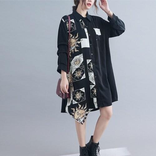 #2990 Black X-Long Asymmetrical Blouse Shirt Loose Big Size Printed Oversize Blouse Women Long Sleeved Vintage Chiffon Shirt