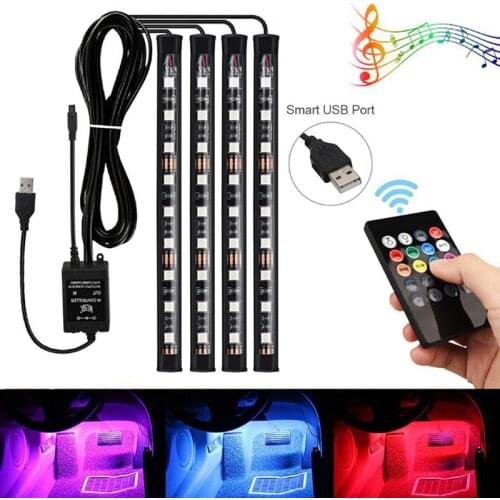 4Pcs/lot 9LED RGB Car Interior Atmosphere Footwell Strip Light USB Charger Decor Lamp