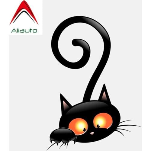 Aliauto Cute Black Cat Cartoon Car Sticker Accessories PVC Decal for Volkswagen Polo Golf 7 Ford Focus Renault Toyota,11CM*16CM