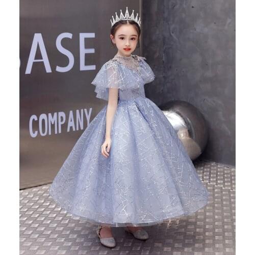 Sequin Tulle Girls Dresses For Wedding Appliques Lace Long Girl Dress Party Christmas Dress Children Princess Evening Costume