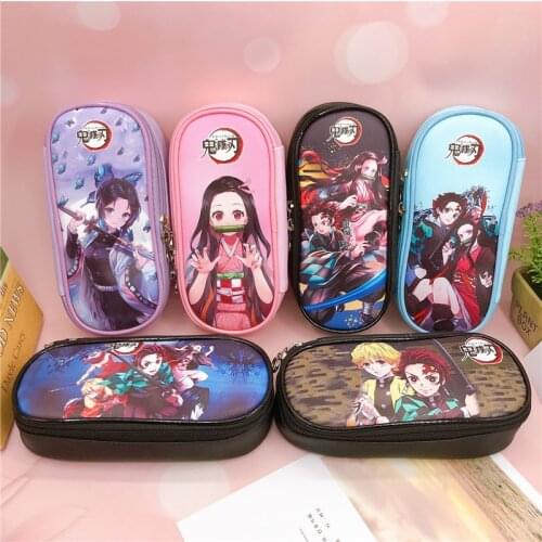 Demon Slayer Double Zipper Pencil Case Cartoon Anime Kimetsu No Yaiba Tanjirou Student Large-capacity PU Pencil Case Storage Bag