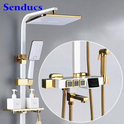 Digital Bathroom Shower Set Senducs White Gold Bath Shower System Solid Brass Bathtub Mixer Faucet Thermostatic Shower Set