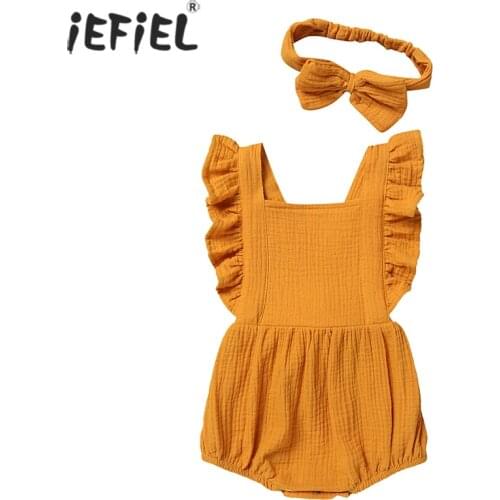 Baby Girl Organic Cotton Clothes Summer Double Gauze Kids Ruffle Backless Romper Jumpsuit Headband Playsuit For Newborn 0-18M
