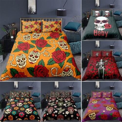 Sugar Skulls With Rose Flower Printed Bedding Set Comforter Duvet Covers 150x200 Quilt Covers Pillowcase King Size Home Textiles