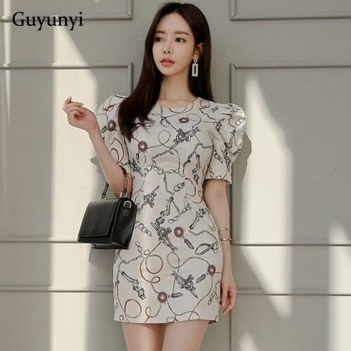Korean Slim Party Dress 2021 Summer High Waist Simple O-Neck Puff Sleeve Fashion Pattern Elegant Womens Dresses