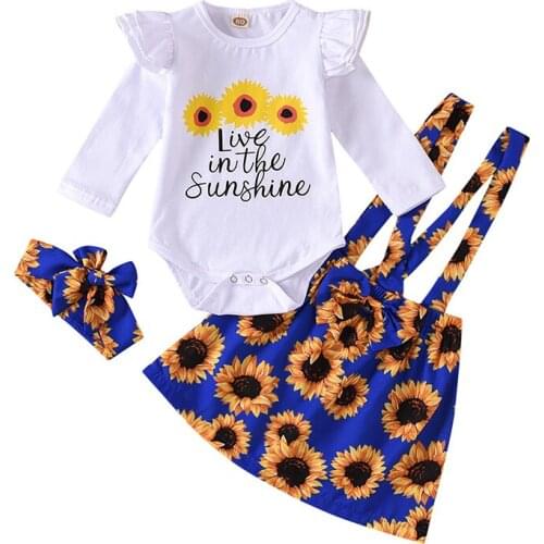 Infant Suit Autumn 2021 New Baby Girls Clothes Sets 3Pcs Romper Long Sleeve Tops Sunflower Dress Headband Newborn Clothing Sets