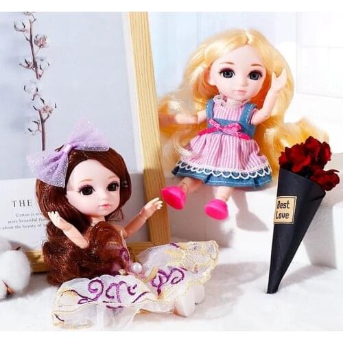 1/12 BJD Doll 13 Movable Joints Gray and Brown Eyes 16 Cm Doll Makeup Exquisite Girl Toy Gift with Beautiful Skirt