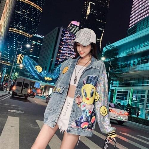 Fashion Oversize Denim Jackets Women Cartoon Sequin Stitching Embroidery Streetwear Hip Hop Vintage Outerwear Джинсовая куртка