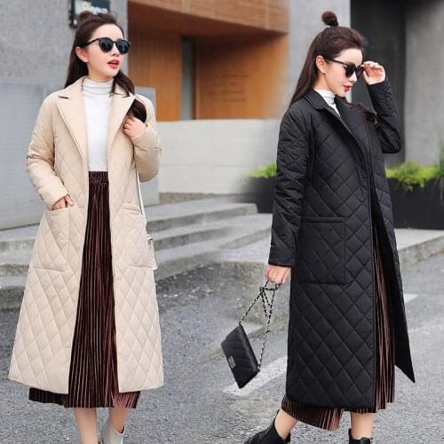 2021 new parka coat womens spring, autumn and winter X long womens diamond pattern belt warm cotton jacket