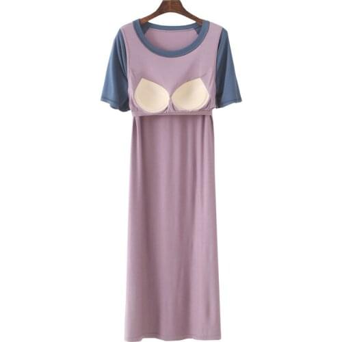 Modal Half-sleeve Nightdress Womens Pajamas with Chest Pads Womens Loose Plus Size Summer Short-sleeved Long Skirt Home Servic