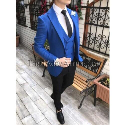 Men Suits Royal Blue and Black Groom Tuxedos Notch Lapel Groomsmen Wedding Best Man 3 Pieces ( Jacket+Pants+Vest+Tie ) C902