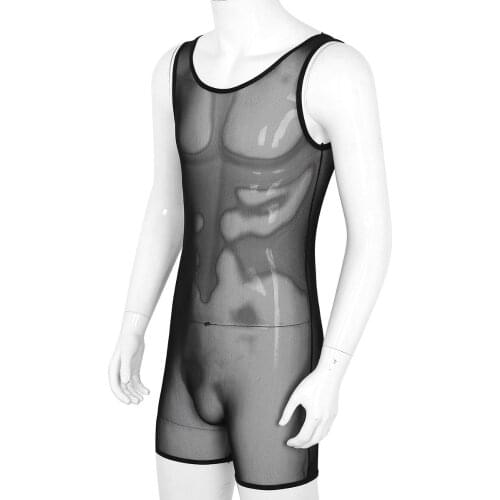 Men Sexy Sheer Mesh Jumpsuit Bodysuit Bulge Pouch Wrestling Singlet Lingerie One Piece Leotard Gay Underwear Briefs