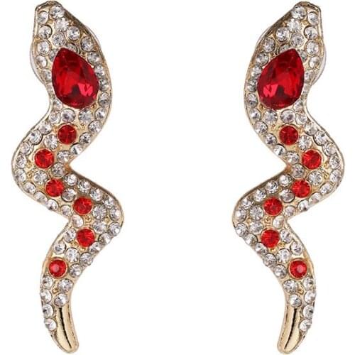 New Stylish Snake Stud Earrings Personality Women Gold Color Alloy Red Green Crystal Snake Earrings Animal Jewelry