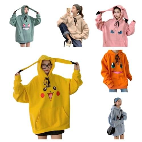 Pokemon Pikachu Girls Autumn and Winter Sweater Fleece Hoodie Cartoon Anime Warm Womens Top Loose and Long Sportswear Gifts