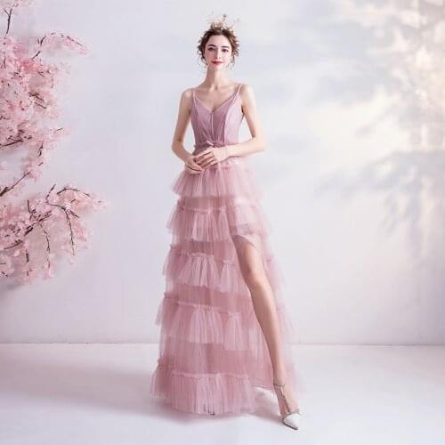 Evening Dresses Illusion V-Neck Sleeveless Spaghetti Strap Tulle Lace Luxury Pink Backless Elegant Women Formal Party Gown TS065