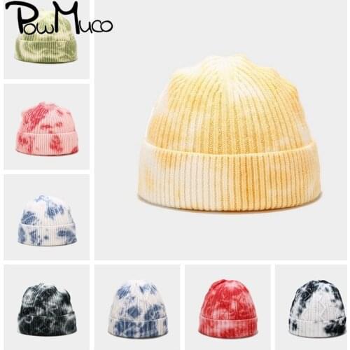 Powmuco Unisex Tie-dyed Knitted Wool Hats Autumn and Winter Keep Warm Bean Hat Fashion Women Tide Hip Hop Caps Graffiti Headwear