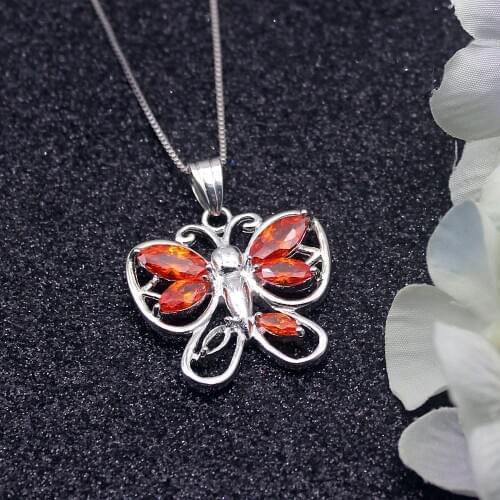 Hermosa Cute Butterfly Red Garnet Silver Color For Women Charms Pendant Chain Necklace 20 Inch
