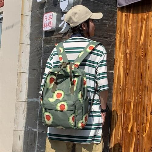 Female Fashion Cartoon Fruit Avocado Print Women Canvas Travel Backpacks Teen Girls Large Capacity Nylon School Shoulder Bags
