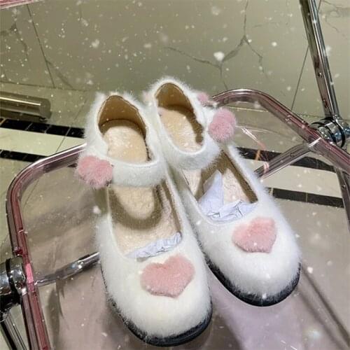 Womens Round Toe Heart Furry Fur Platform Pumps Block High Heel Shoes Lolita Cosplay Halloween Cute Sweet White New 2021