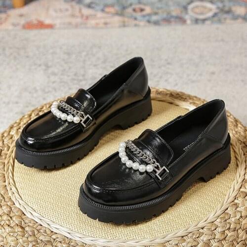 Womens 2-Way Wear Creepers Platform Flats Metal Chains&Pearl Loafers Wax Leather Shoes Atumn Girls Loita Sneakers Woman 2021
