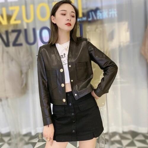 Woman Coats Natural 100% Sheepskin Leather Jackets Female V- neck Natural Sheepskin Leather Overcoat Leather H819