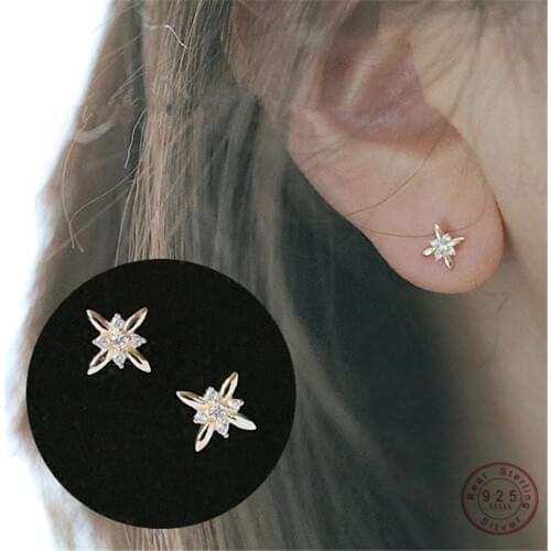 925 Sterling Silver 14K Gold Simple Crystal Windmill Stud Earrings Women Korean Fashion Wedding Party Jewelry Girlfriend Gift
