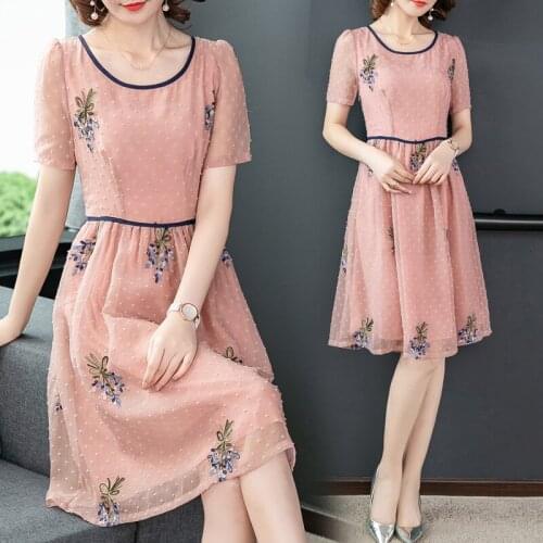 2019 Sweet Women Summer Dress Pink Embroidery Beach Dresses Mesh Sundress Ladies Elegant Evening Party Vestidos
