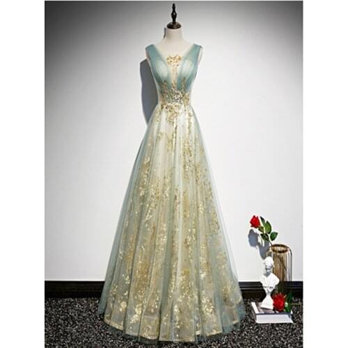 Vestido De Festa Sexy V-Neck Evening Dresses Long Dress 2020 Fashion A-line Blue Gold Evening Dress Elegant Robe De Soiree