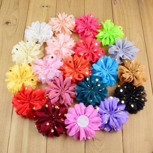 100 pcs/lot , Gold polka dot chiffon flower , 3.15 inch fabric flower Ballerina ruffle flowers