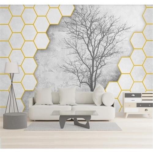 XUESU Modern three-dimensional hexagon big tree silhouette elk background wall 3D wallpaper mural wall covering