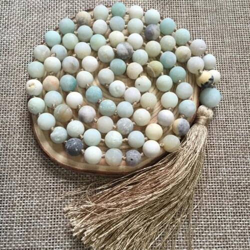 8mm Frosted Amazonite Beads Hand Knotted Mala Necklace For Women Men Tassel Collar 108 Prayer Beads Mala Yoga Necklace Men