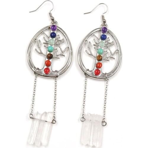 FYJS Unique Silver Plated Water Drop Tree of Life Link Irregular Shape Clear Quartz Dangle Earrings Chakra Jewelry