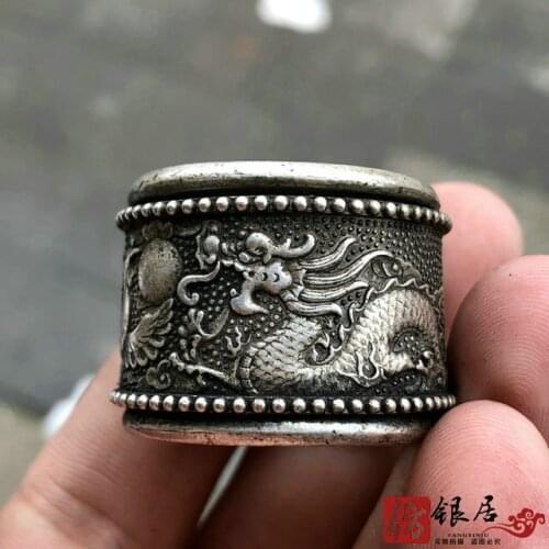 Antique collection silver Miao silver double dragon pearl ring wrench