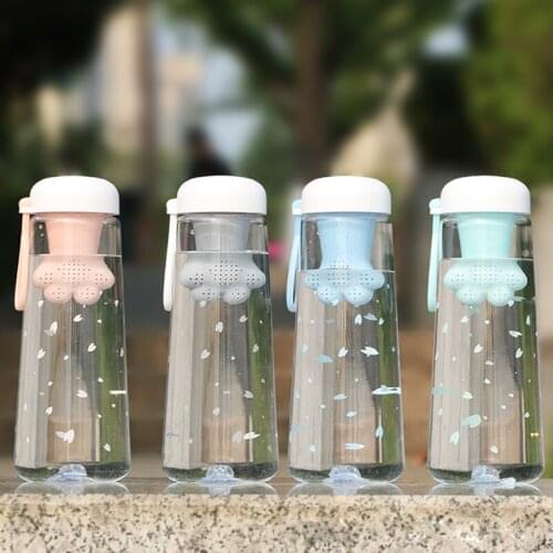 Creative Cute Water Bottle Cat Claws Shape Tea Filter Sakura Pattern Transparent Drinking Cup With Portable Rope