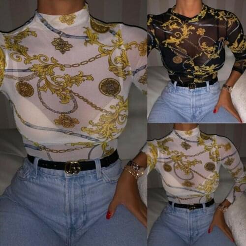 Hot Women Perspective Floral Long Sleeve Top Casual Mesh slim Floral Autumn Winter Fashion t-shirt Elegant Ladies Soft