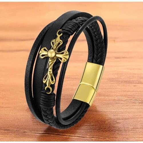 Fashion Trendy Rope Braided Gold Cross Bracelet Men Leather Stainless Steel Magnetic Clasp Accessories Bangles Jewelry Male