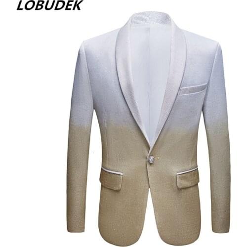 Mens Gradient Shiny Gold Silver Slim Suit Jacket Stage Singer Wedding Groom Prom Blazers Dress Evening Party Formal Clothing