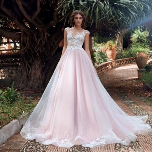 New Arrival Cap Sleeve Scoop Beads Appliques Lace A-Line Backless Tulle Wedding Dress 2021 Vestido De Noiva Bridal Gown