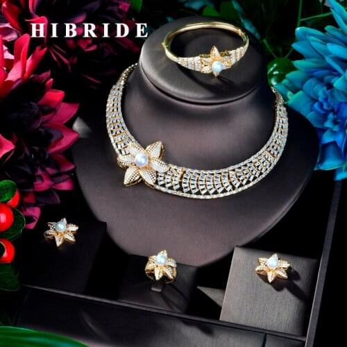 HIBRIDE Luxury Design Gold Color Flower Shape Women 4 pcs Jewelry Set Dress Necklace Earring Jewelry Set For Party Gits N-879