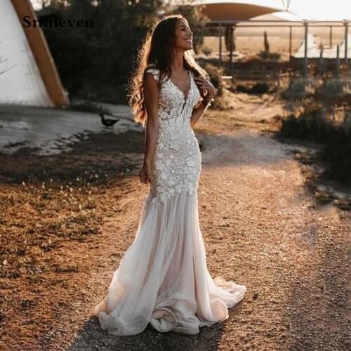 Smileven Mermaid Bohemian Wedding Dress Cap Sleeve Deep V Neck 3D Floral Appliques Bridal Gowns Backless Vestido De Noiva