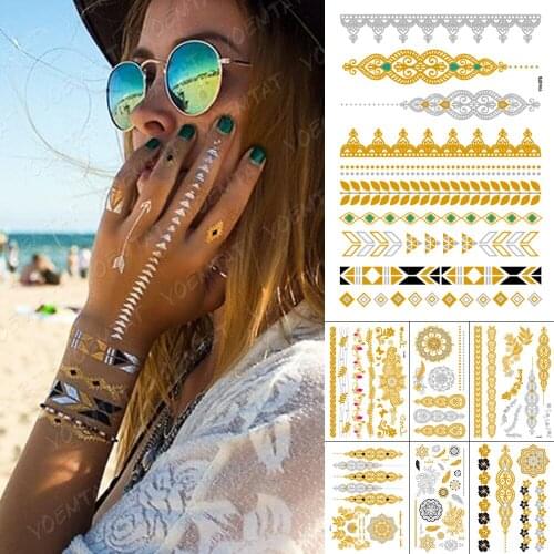 Waterproof Temporary Tattoo Sticker Chain Bracelet Henna Gold Silver Metallic Flash Tatoo Boho Party Jewelry Glitter Body Art