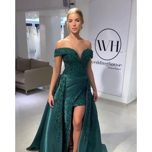 Green Evening Dresses A-line Off The Shoulder Pearls Slit Sexy Dubai Saudi Arabia Long Prom Dress Gown Robe De Soiree