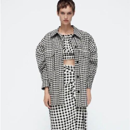 Za 2021 Black Plaid Shirt Women Button Up Checkered Shirt Autumn Long Sleeve Vintage Top Woman Fashion Casual Overshirt