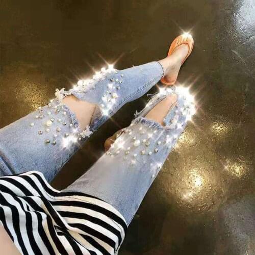 Pearl jeans female hole trousers high waist stretch feet fashion casual pants