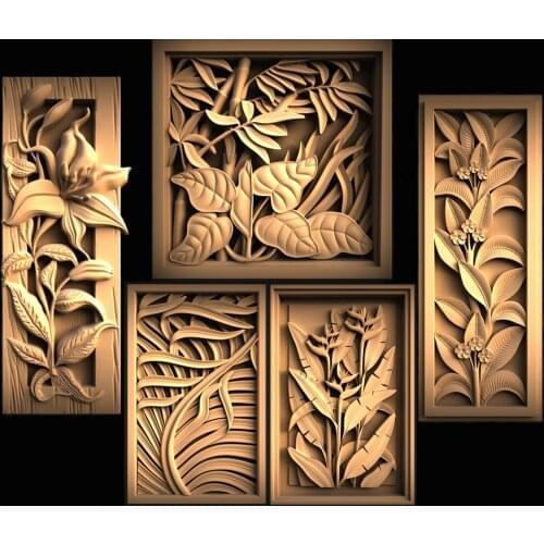 5pcs flower leaf in frame 3d STL Model for CNC Router 3D Printer plant decor 3d model relief STL format Artcam Aspire