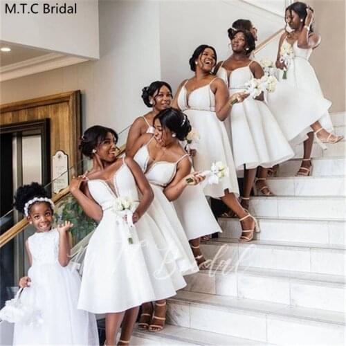 White Short Bridesmaid Dresses Sweetheart Spaghetti Straps Satin Maid Of Honor Dress Plus Size Black Girls Prom Party Gown Cheap