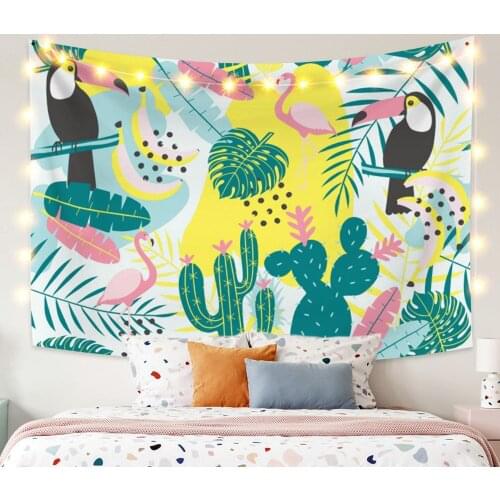 Flamingo and Leaves Tapestry Vintage Exotic Summer Plant Nature Frame for Bedroom Photography Wall Decor