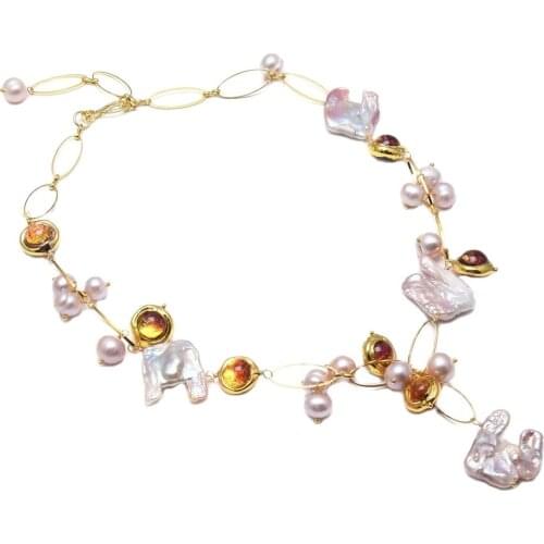 GuaiGuai Jewelry Natural Freshwater Cultured Purple Keshi Pearl Orange Murano Glass Choker Necklace 21" Handmade For Women