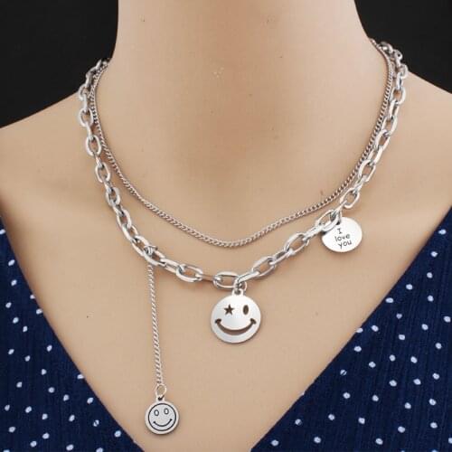 Korean Necklace Fashion Jewelry Chain Smiley Statement Necklace Double Clavicle Chain Sweater Necklace Women Wholesale
