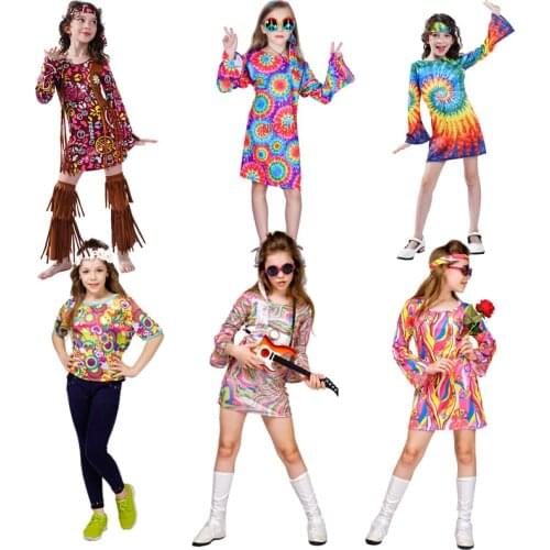 Halloween Costume for Kids cosplay Girls 60s 70s Hippie Dress Role Playing Christmas Party Childrens Purim Costumes